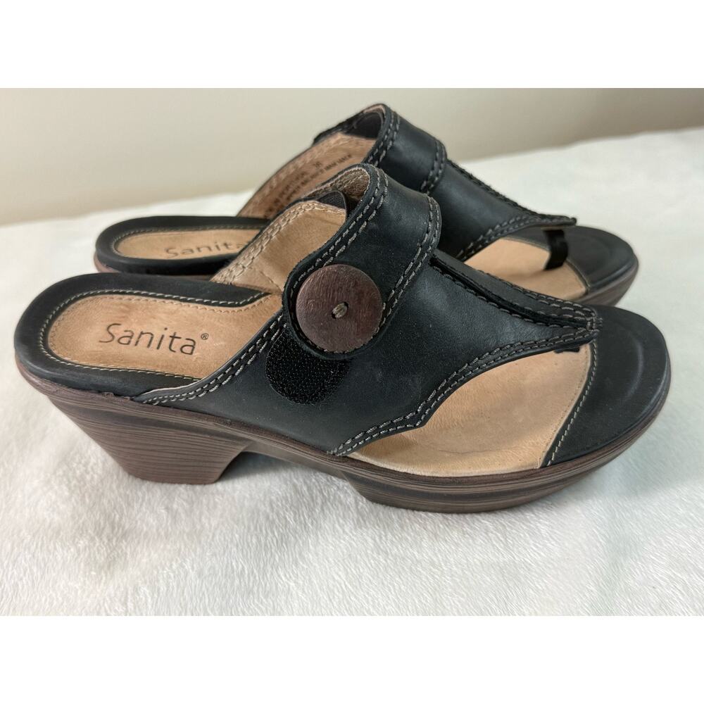 Sanita Black Leather Comfort Heeled Sandals Clogs Boho